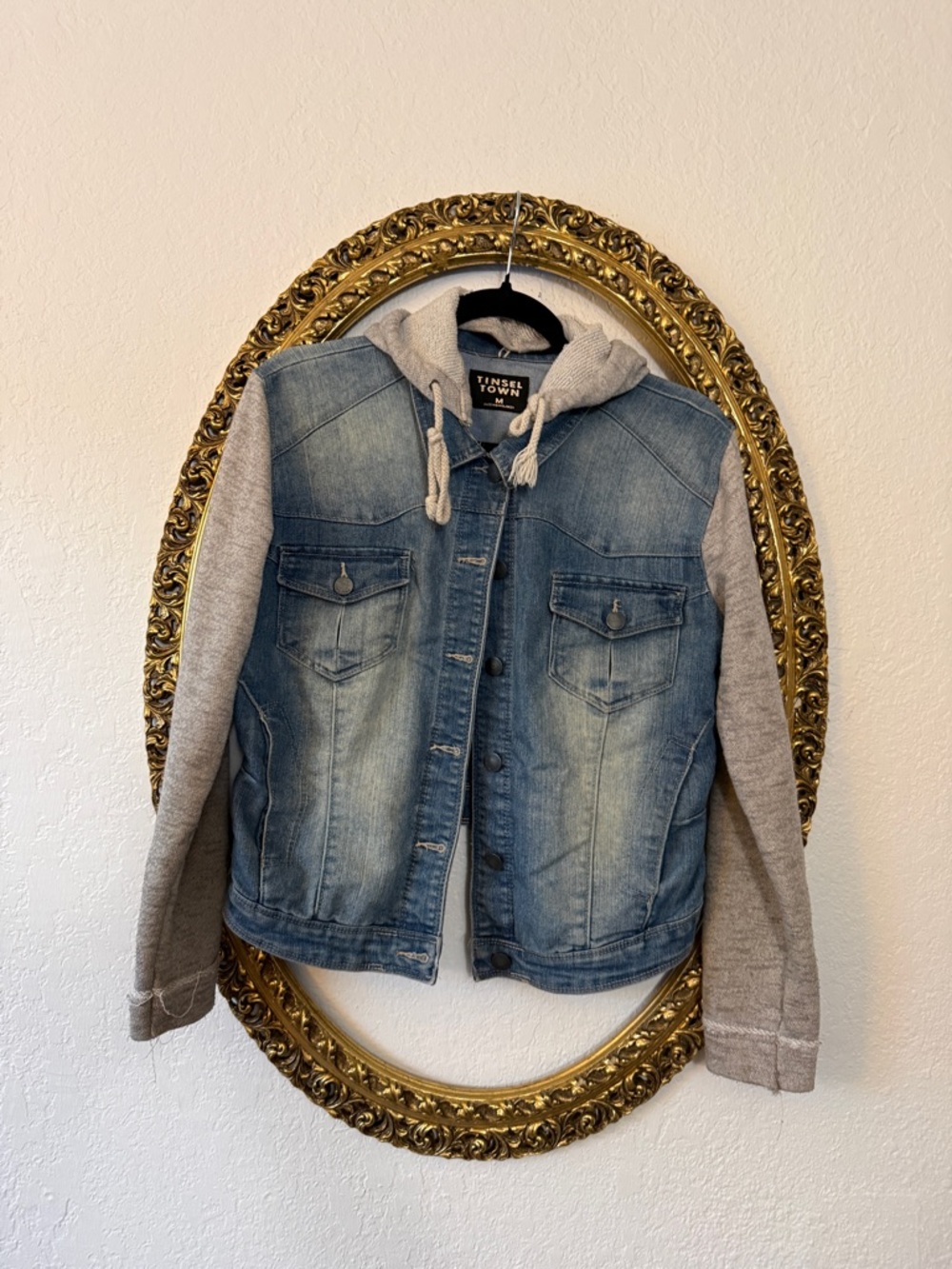 Tinseltown Denim Jacket with Gray Knit Hood & Sleeves